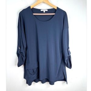 Sympli Focus Tunic 12 Navy Travel Jersey Knit Pocket Roll Tab Sleeve Lagenlook
